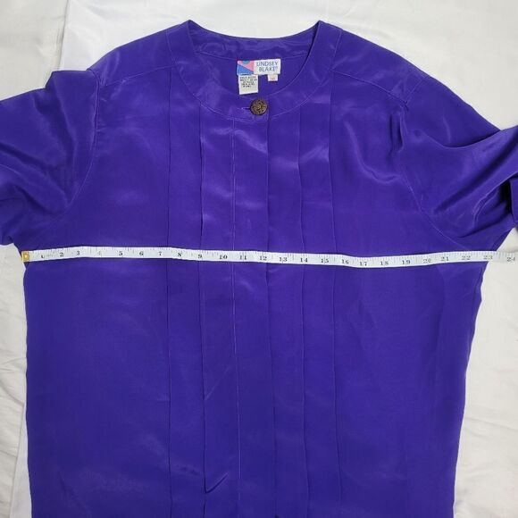 VINTAGE 90s blouse bright purple pleated button up secretary top XL - Picture 10 of 12